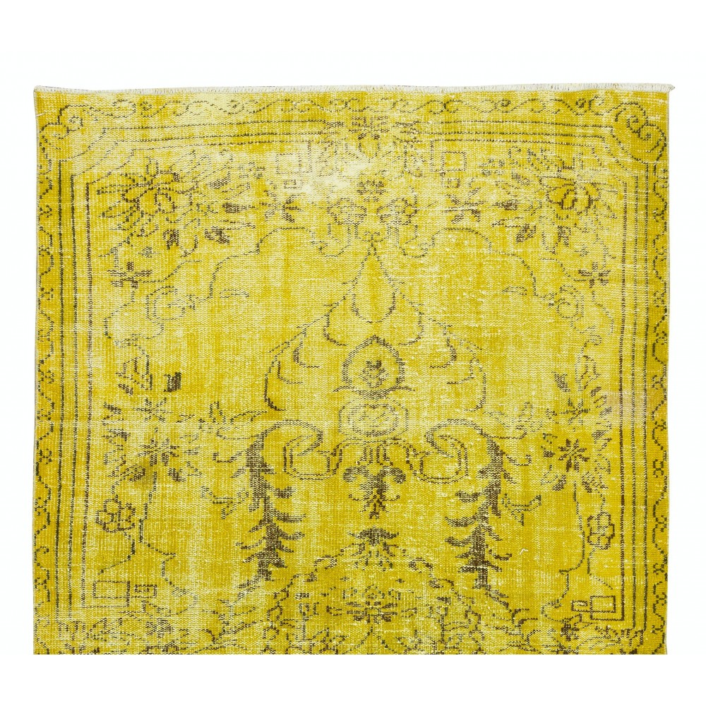 Vintage Turkish Rug Over-Dyed in Yellow, Handmade Yellow Carpet with Medallion Design