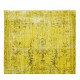 Vintage Turkish Rug Over-Dyed in Yellow, Handmade Yellow Carpet with Medallion Design