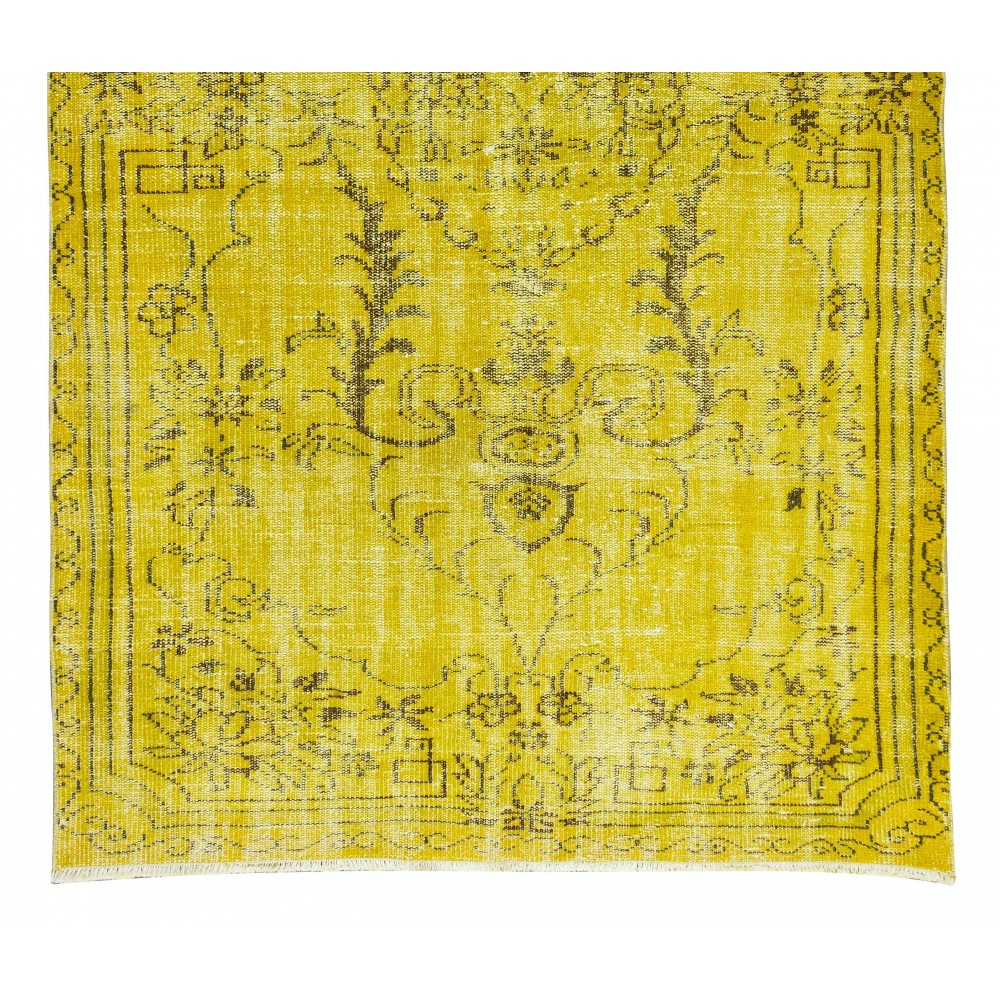 Vintage Turkish Rug Over-Dyed in Yellow, Handmade Yellow Carpet with Medallion Design