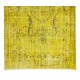 Vintage Turkish Rug Over-Dyed in Yellow, Handmade Yellow Carpet with Medallion Design