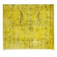 Vintage Central Anatolian Rug Over-Dyed in Yellow, Handmade Yellow Carpet with Medallion Design