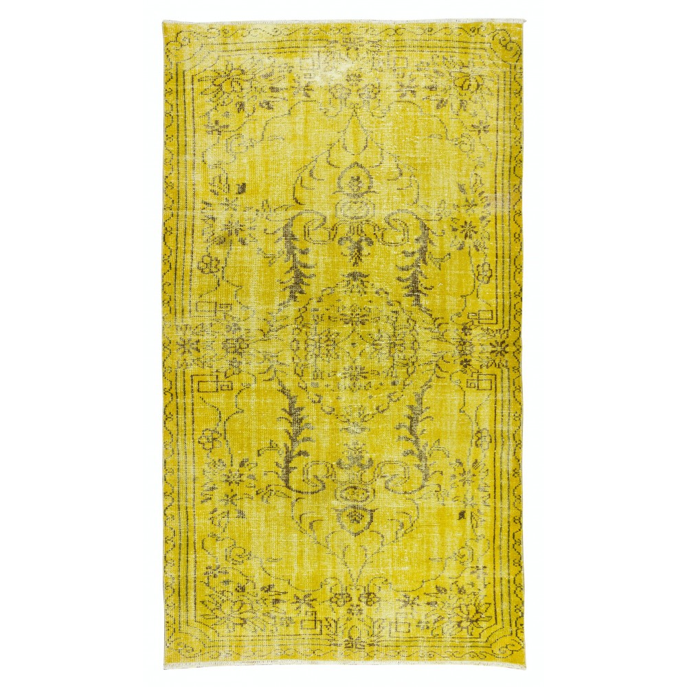 Vintage Turkish Rug Over-Dyed in Yellow, Handmade Yellow Carpet with Medallion Design