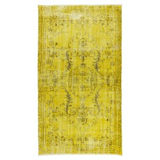 Vintage Turkish Rug Over-Dyed in Yellow, Handmade Yellow Carpet with Medallion Design