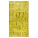 Vintage Turkish Rug Over-Dyed in Yellow, Handmade Yellow Carpet with Medallion Design