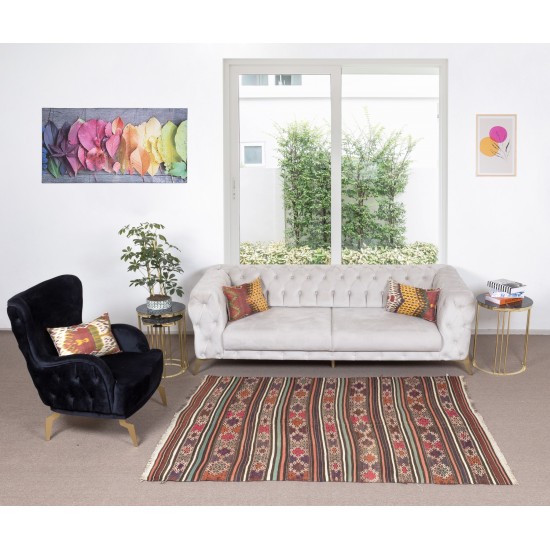 Colorful Hand-Woven Turkish Vintage Wool Kilim, Flat-weave Rug