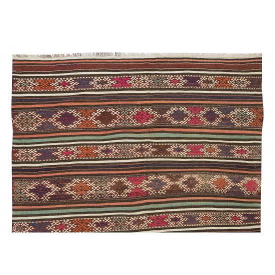 Colorful Hand-Woven Turkish Vintage Wool Kilim, Flat-weave Rug