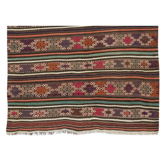 Colorful Hand-Woven Turkish Vintage Wool Kilim, Flat-weave Rug