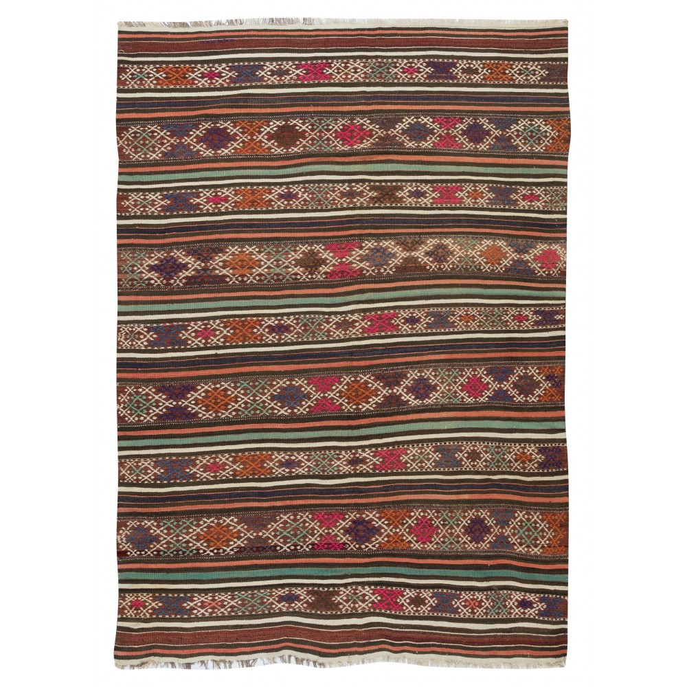 Colorful Hand-Woven Turkish Vintage Wool Kilim, Flat-weave Rug