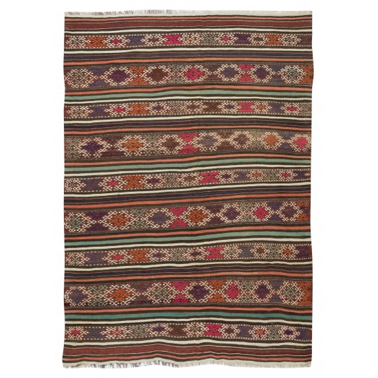 Colorful Hand-Woven Turkish Vintage Wool Kilim, Flat-weave Rug