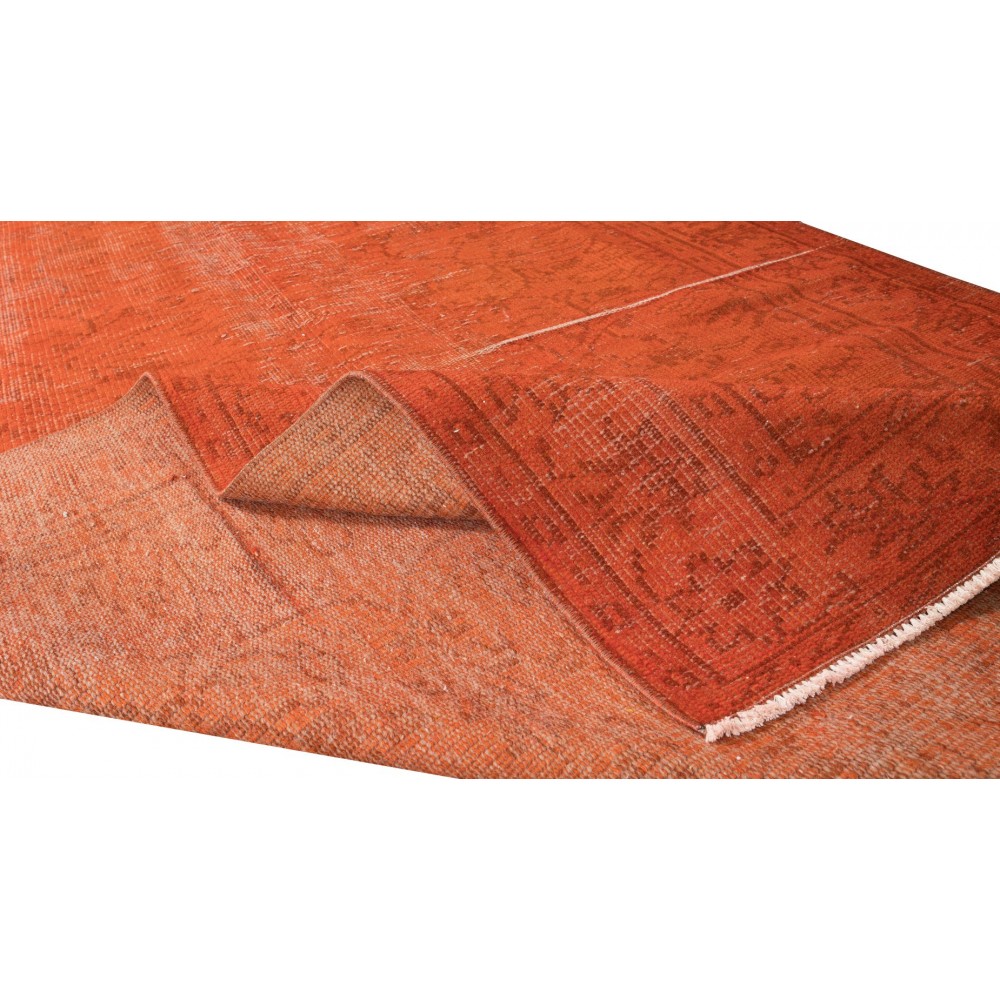 Hand Knotted Turkish Wool Rug Over-Dyed in Orange, Vintage Orange Carpet for Contemporary Interiors