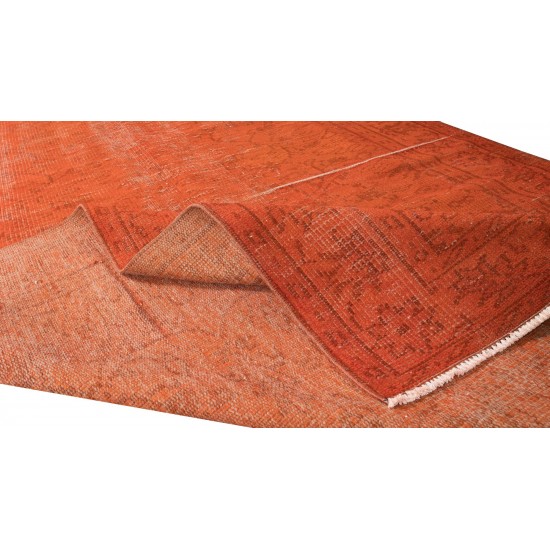 Hand Knotted Turkish Wool Rug Over-Dyed in Orange, Vintage Orange Carpet for Contemporary Interiors