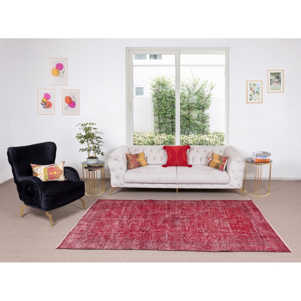 Home Decor Vintage Handmade Turkish Area Rug Over-Dyed in Red Color, Saloon Carpet