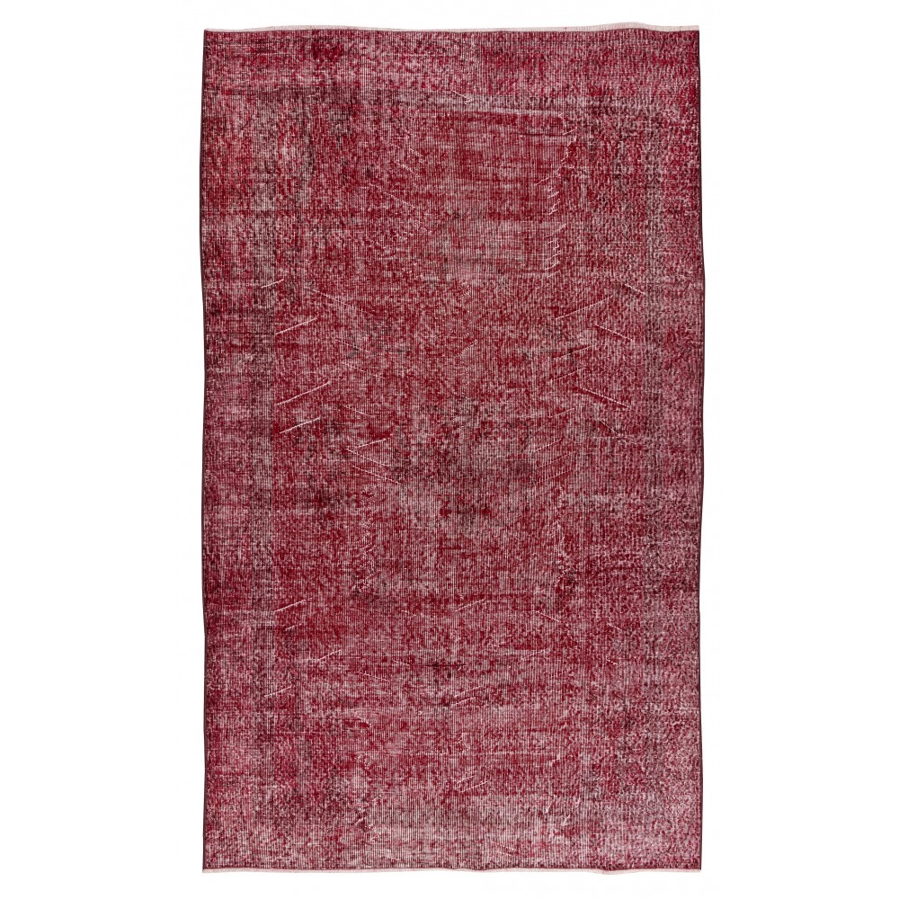 Home Decor Vintage Handmade Turkish Area Rug Over-Dyed in Red Color, Saloon Carpet