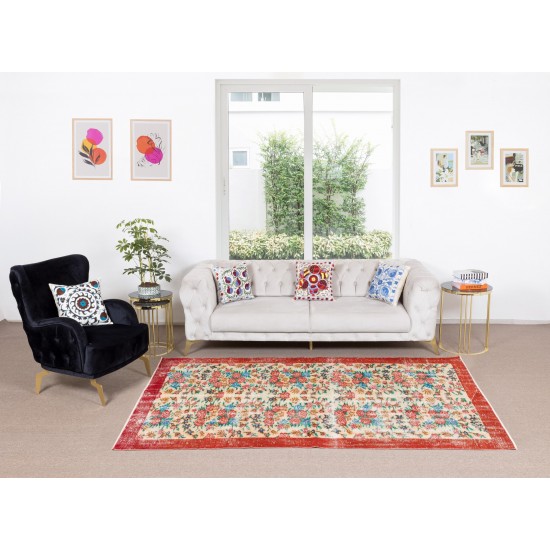 Authentic Floral Pattern Vintage Hand Knotted Anatolian Area Rug for Office & Home Decor