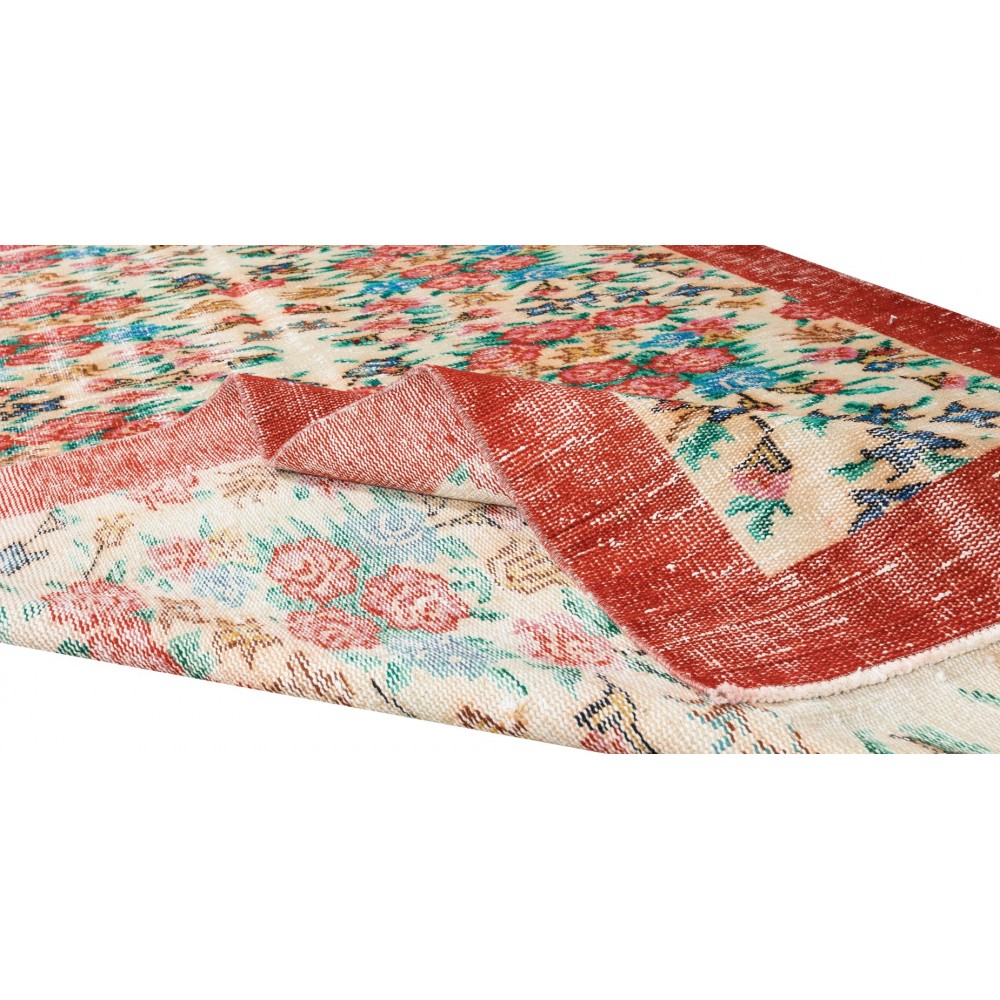Authentic Floral Pattern Vintage Hand Knotted Anatolian Area Rug for Office & Home Decor