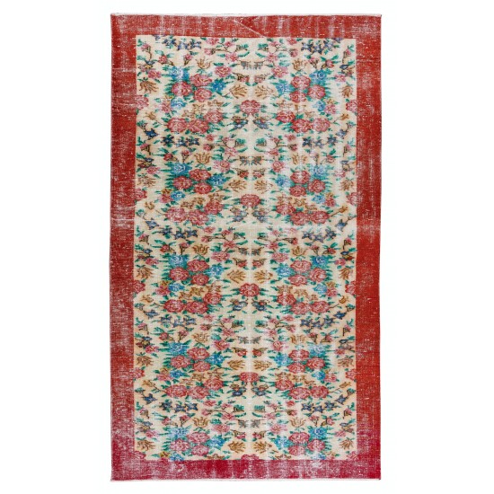 Authentic Floral Pattern Vintage Hand Knotted Anatolian Area Rug for Office & Home Decor