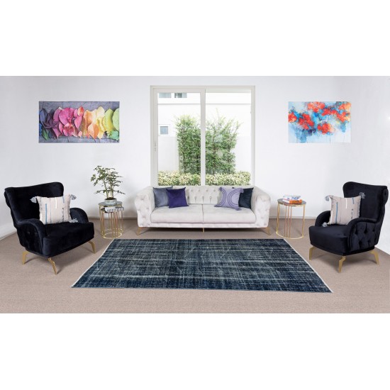 Turkish Wool Vintage Carpet Over-Dyed in Navy Blue, Modern Hand-Knotted Area Rug