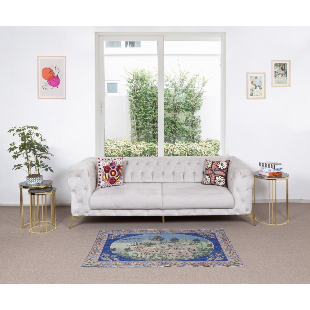Handmade Anatolian Vintage Wall Hanging. Deer, Tree and Floral Patterned Rug. Decorative Art, Pictorial Tapestry