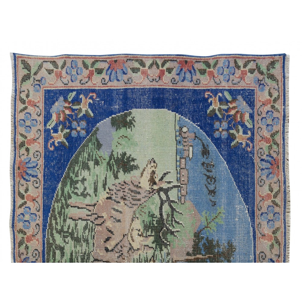 Handmade Anatolian Vintage Wall Hanging. Deer, Tree and Floral Patterned Rug. Decorative Art, Pictorial Tapestry