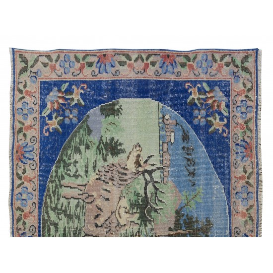 Deer, Tree and Floral Patterned Rug, Hand Knotted Turkish Vintage Wall Hanging, Decorative Art