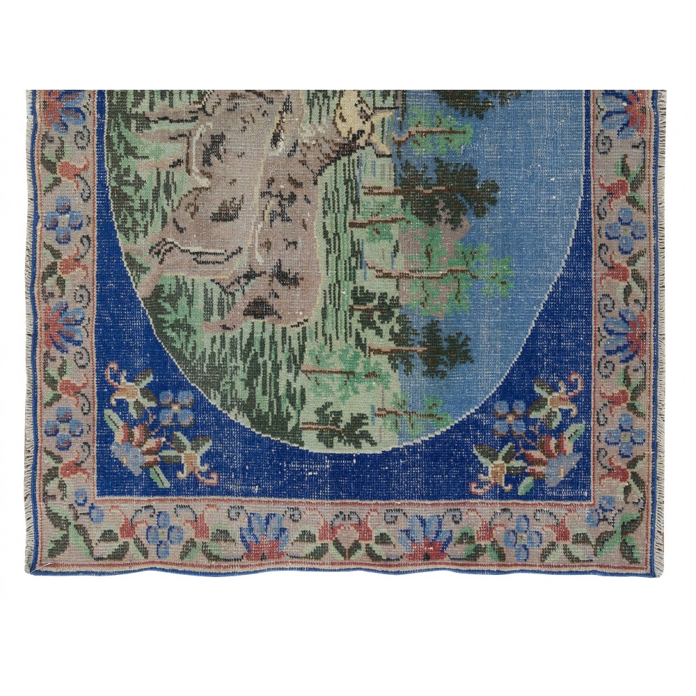 Handmade Anatolian Vintage Wall Hanging. Deer, Tree and Floral Patterned Rug. Decorative Art, Pictorial Tapestry