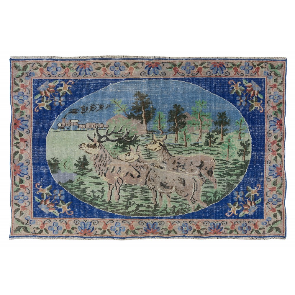 Handmade Anatolian Vintage Wall Hanging. Deer, Tree and Floral Patterned Rug. Decorative Art, Pictorial Tapestry