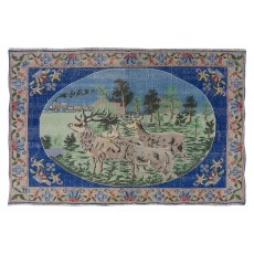 Handmade Anatolian Vintage Wall Hanging. Deer, Tree and Floral Patterned Rug. Decorative Art, Pictorial Tapestry