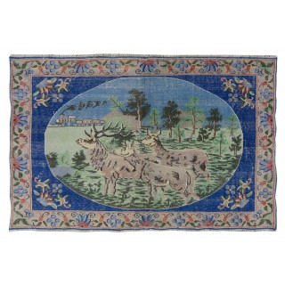 Handmade Anatolian Vintage Wall Hanging. Deer, Tree and Floral Patterned Rug. Decorative Art, Pictorial Tapestry
