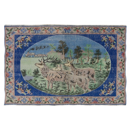 Deer, Tree and Floral Patterned Rug, Hand Knotted Turkish Vintage Wall Hanging, Decorative Art