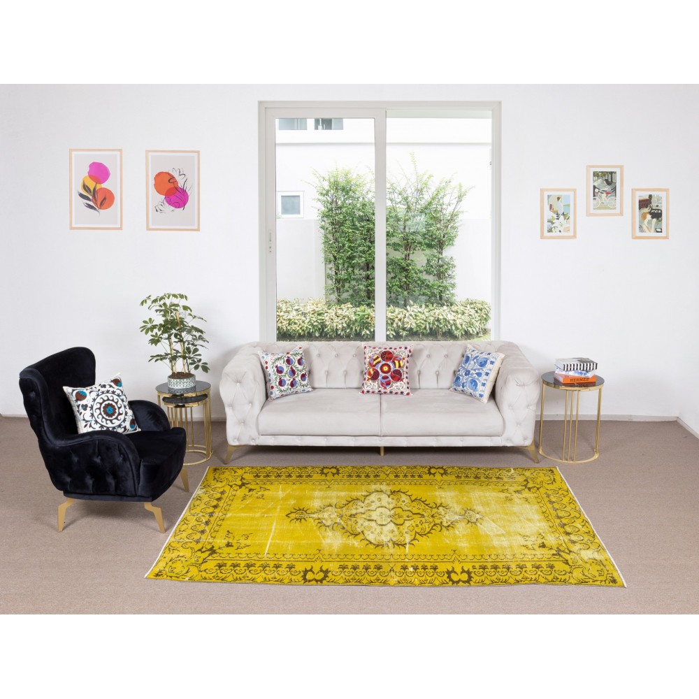 Vintage Turkish Rug Over-Dyed in Yellow, Handmade Yellow Carpet with Medallion Design