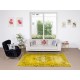Vintage Turkish Rug Over-Dyed in Yellow, Handmade Yellow Carpet with Medallion Design