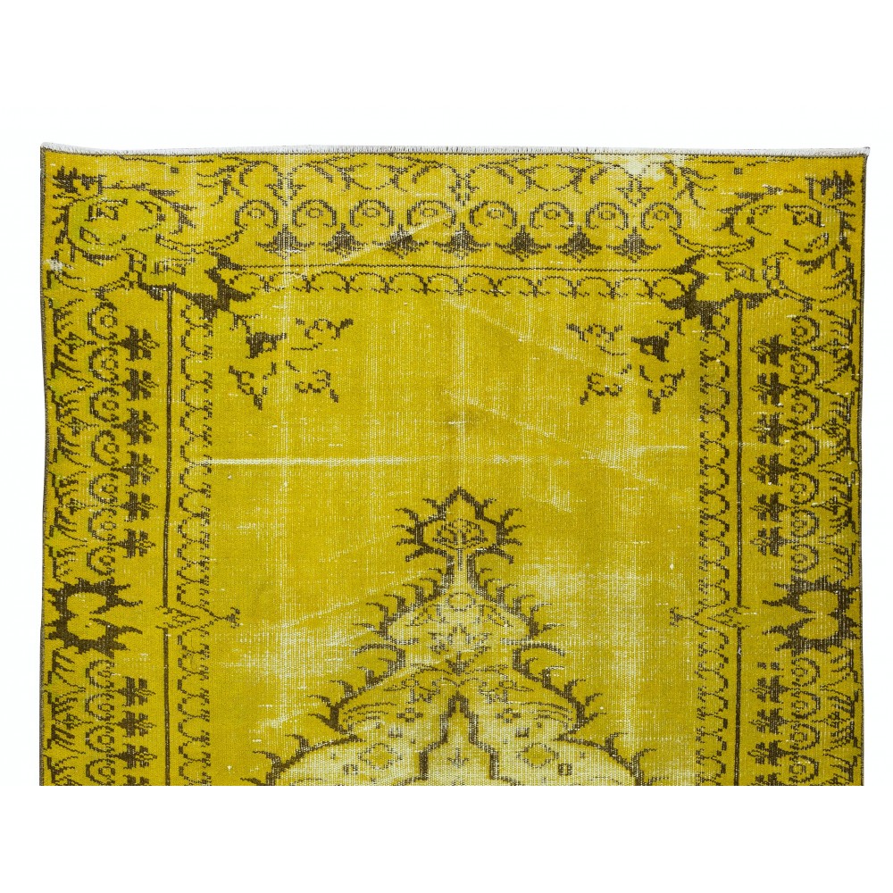 Vintage Turkish Rug Over-Dyed in Yellow, Handmade Yellow Carpet with Medallion Design