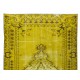 Vintage Turkish Rug Over-Dyed in Yellow, Handmade Yellow Carpet with Medallion Design