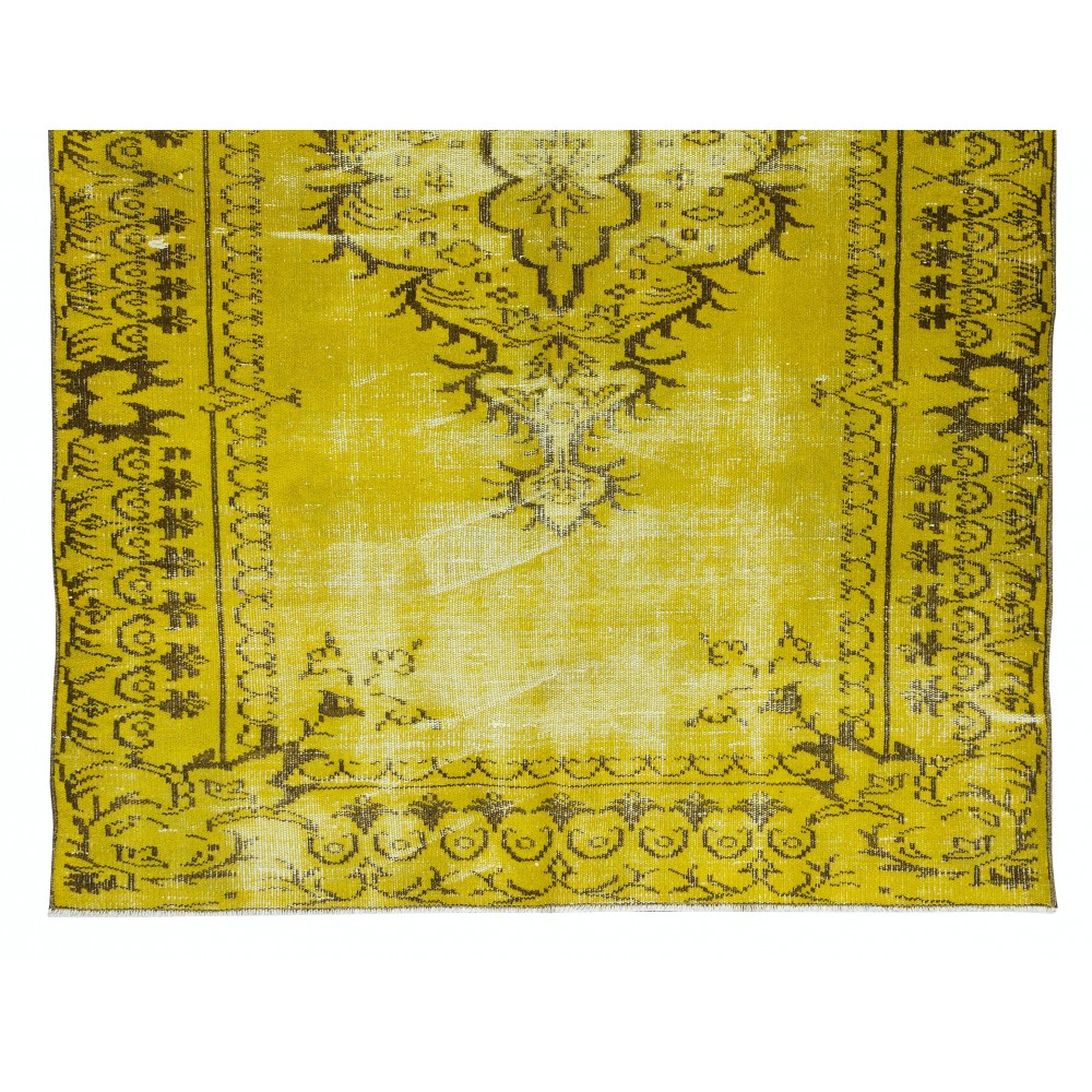 Vintage Turkish Rug Over-Dyed in Yellow, Handmade Yellow Carpet with Medallion Design