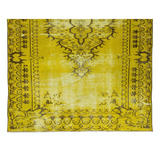 Vintage Central Anatolian Rug Over-Dyed in Yellow, Handmade Yellow Carpet with Medallion Design