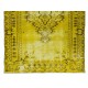 Vintage Turkish Rug Over-Dyed in Yellow, Handmade Yellow Carpet with Medallion Design
