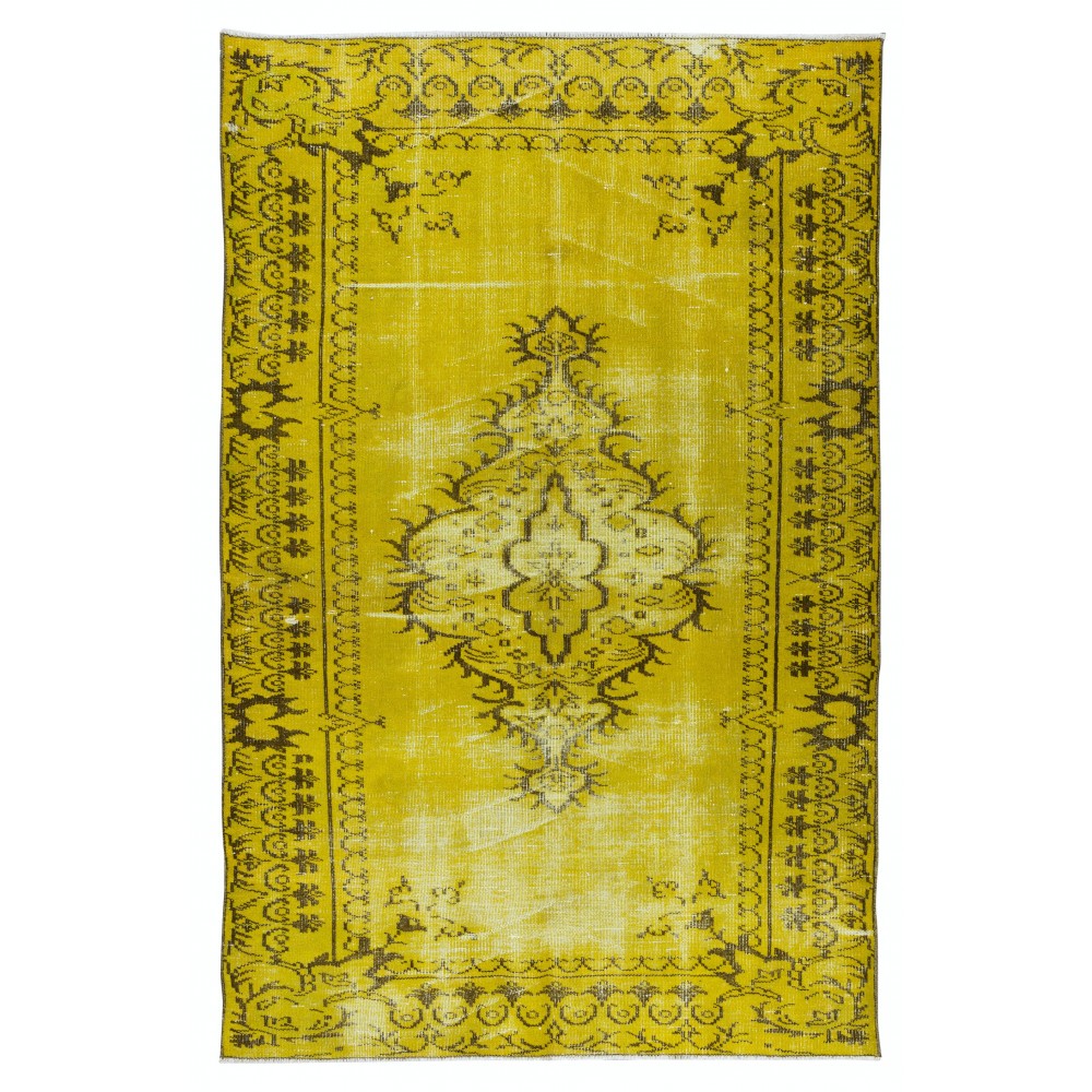 Vintage Turkish Rug Over-Dyed in Yellow, Handmade Yellow Carpet with Medallion Design