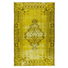 Vintage Turkish Rug Over-Dyed in Yellow, Handmade Yellow Carpet with Medallion Design
