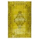 Vintage Turkish Rug Over-Dyed in Yellow, Handmade Yellow Carpet with Medallion Design