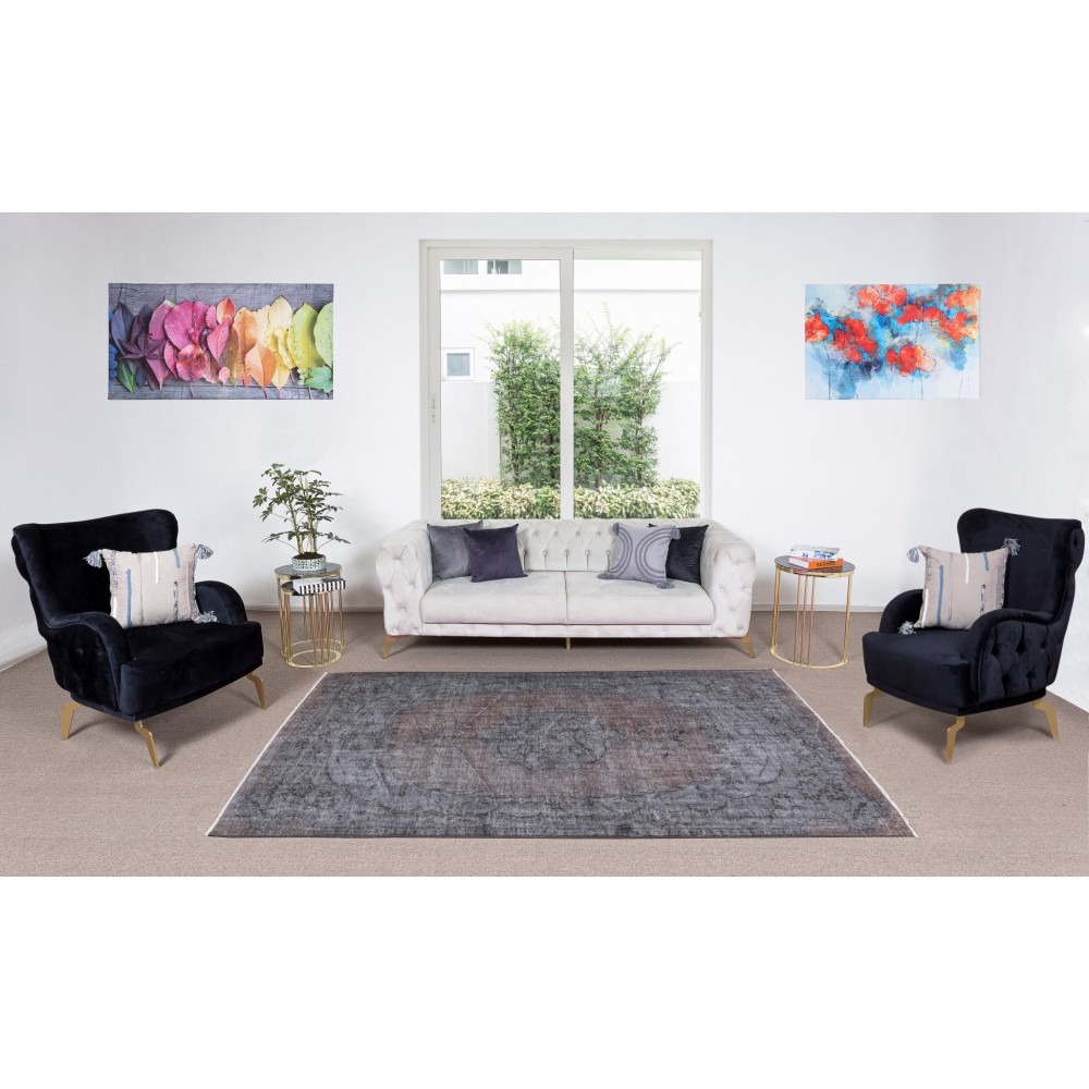 Contemporary Handmade Medallion Design Turkish Area Rug Over-Dyed in Gray