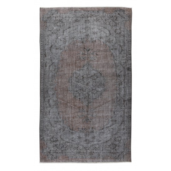 Mid-Century Handmade Turkish Area Rug Over-Dyed in Gray, Medallion Design Wool Carpet