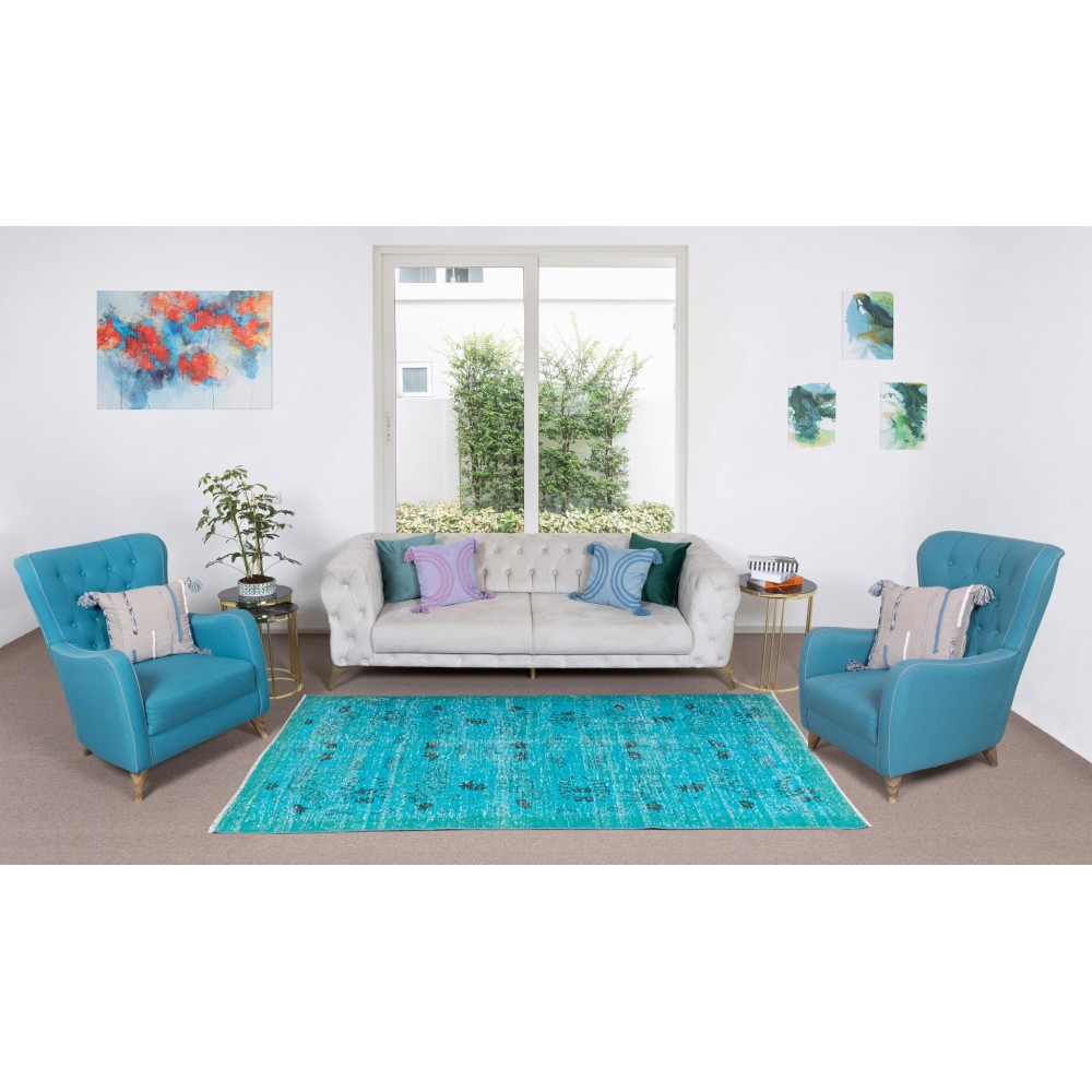 Modern Hand-Knotted Area Rug. Turkish Wool Vintage Carpet Over-Dyed in Teal Blue Color