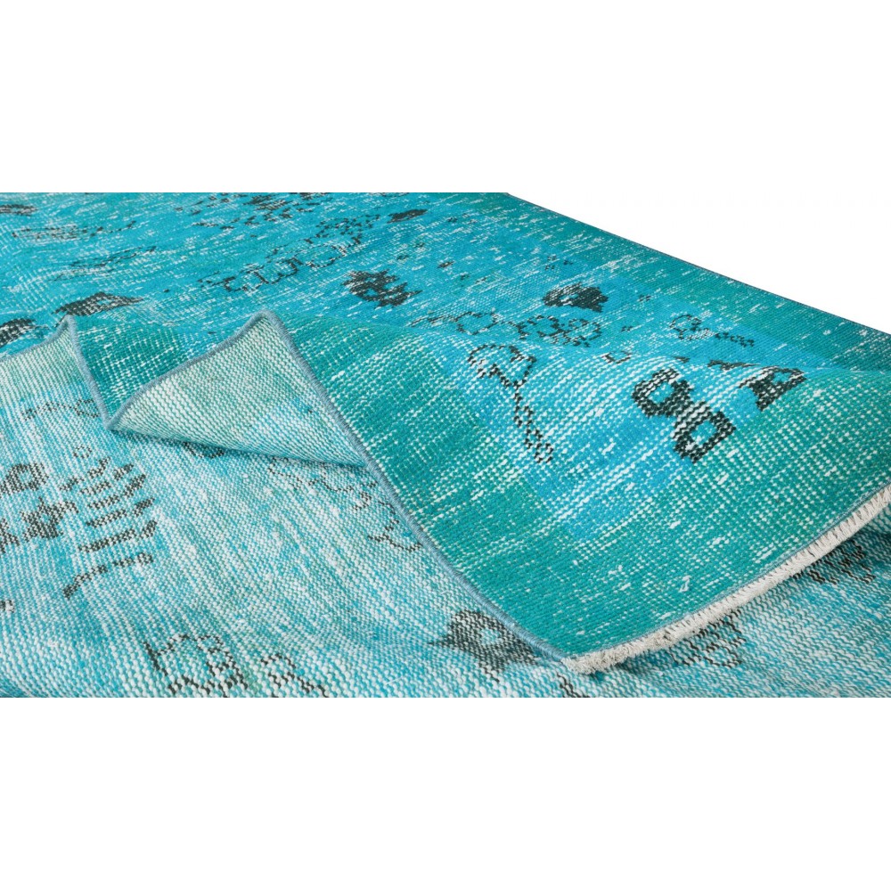 Modern Hand-Knotted Area Rug. Turkish Wool Vintage Carpet Over-Dyed in Teal Blue Color
