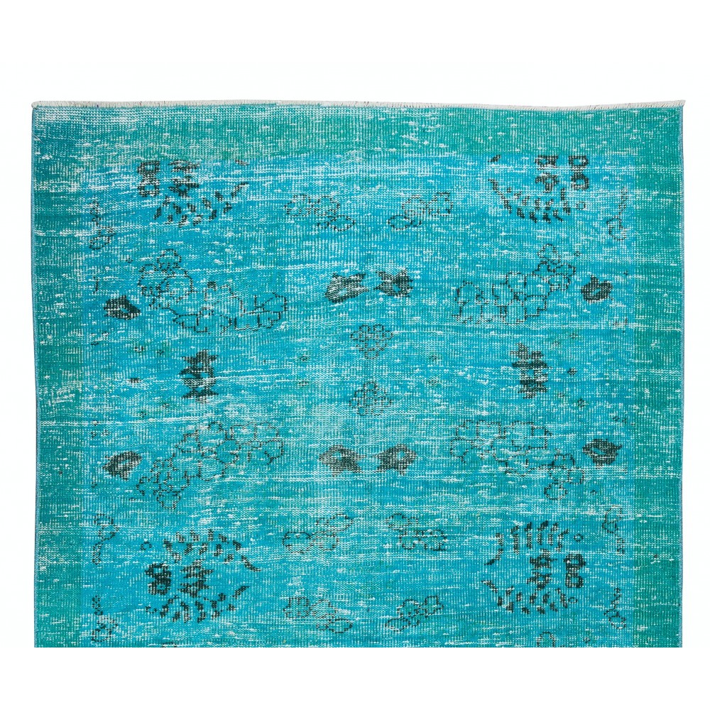 Modern Hand-Knotted Area Rug. Turkish Wool Vintage Carpet Over-Dyed in Teal Blue Color