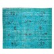 Modern Hand-Knotted Area Rug. Turkish Wool Vintage Carpet Over-Dyed in Teal Blue Color