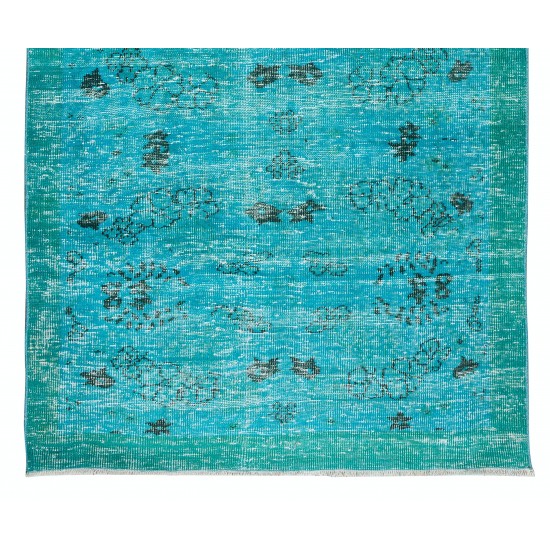 Modern Hand-Knotted Area Rug. Turkish Wool Vintage Carpet Over-Dyed in Teal Blue Color