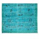 Modern Hand-Knotted Area Rug. Turkish Wool Vintage Carpet Over-Dyed in Teal Blue Color