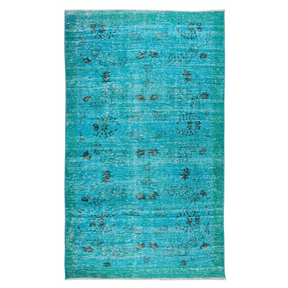 Modern Hand-Knotted Area Rug. Turkish Wool Vintage Carpet Over-Dyed in Teal Blue Color
