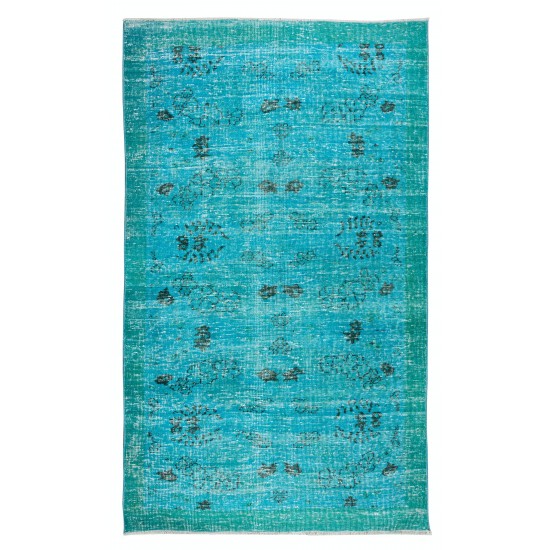 Modern Hand-Knotted Area Rug. Turkish Wool Vintage Carpet Over-Dyed in Teal Blue Color