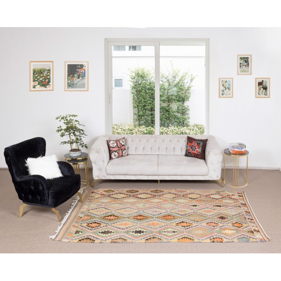 Geometric Vintage Handmade Central Anatolian Wool Kilim Rug, Flat-Weave Carpet